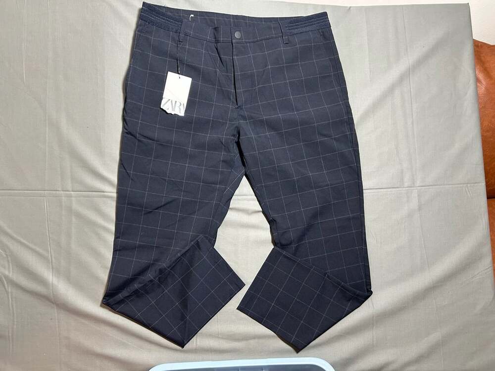 Zara Men Navy Blue Plaid Grid Pattern Casual Trousers XL New with Tags